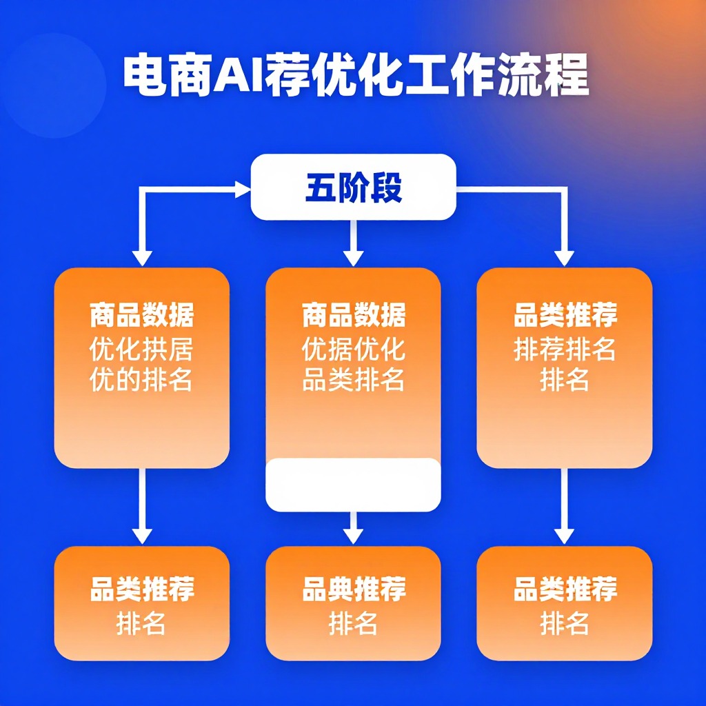 电商AI推荐优化工作流程图，五阶段从商品数据优化到品类推荐排名，蓝橙渐变信息图表风格