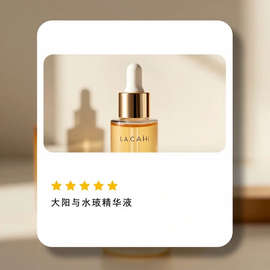 护肤品精华液产品展示，用户真实评价截图叠加，暖色调自然光，电商详情页场景化商业摄影