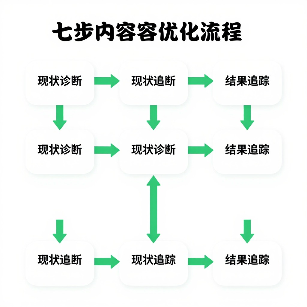 七步内容优化流程图，从现状诊断到结果追踪，绿色箭头连接各环节，平面信息图表设计