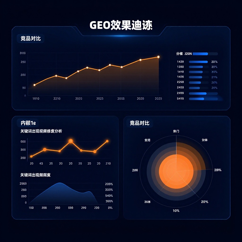 GEO效果追踪仪表盘概念图：引用份额折线趋势、关键词出现频次热力图、竞品对比雷达图，深蓝科技感背景搭配橙色高亮数据元素