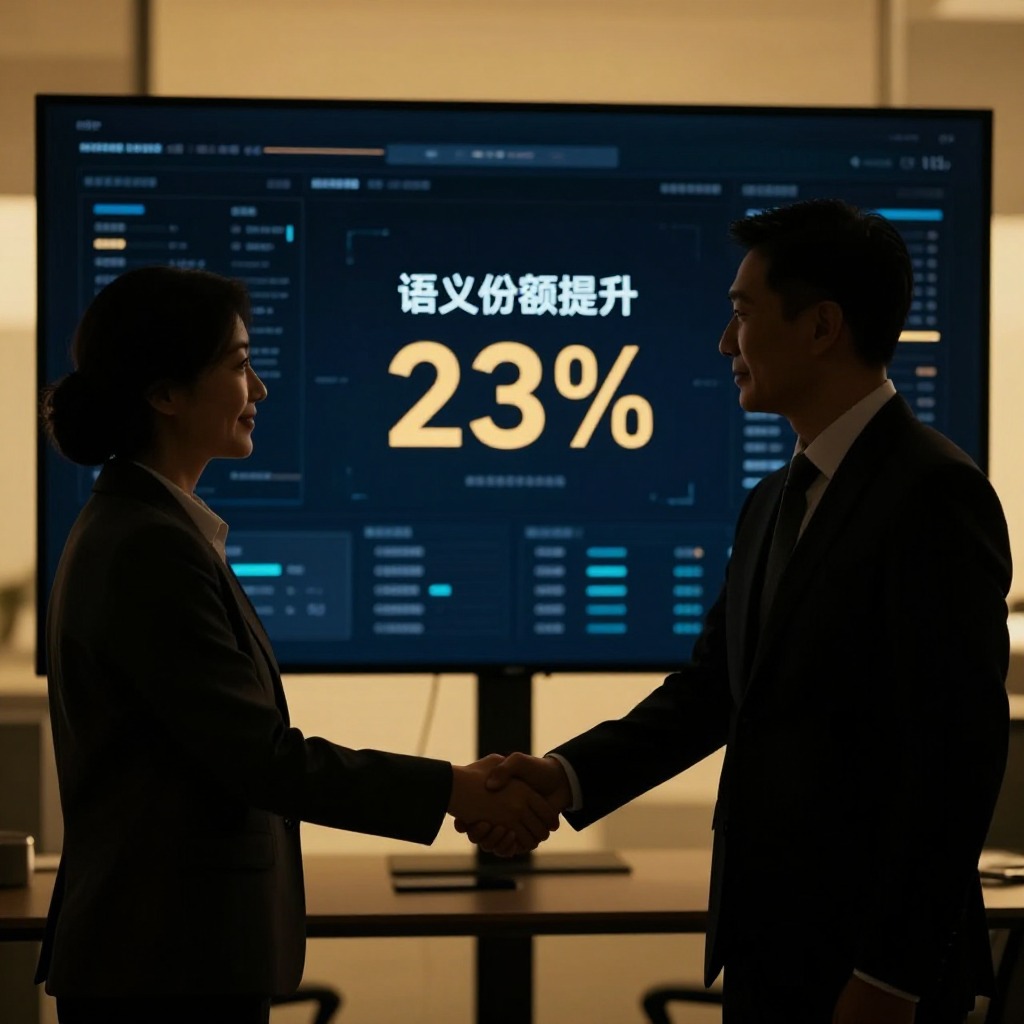 一位高管与客户成功经理在数字仪表盘前握手，屏幕上显示