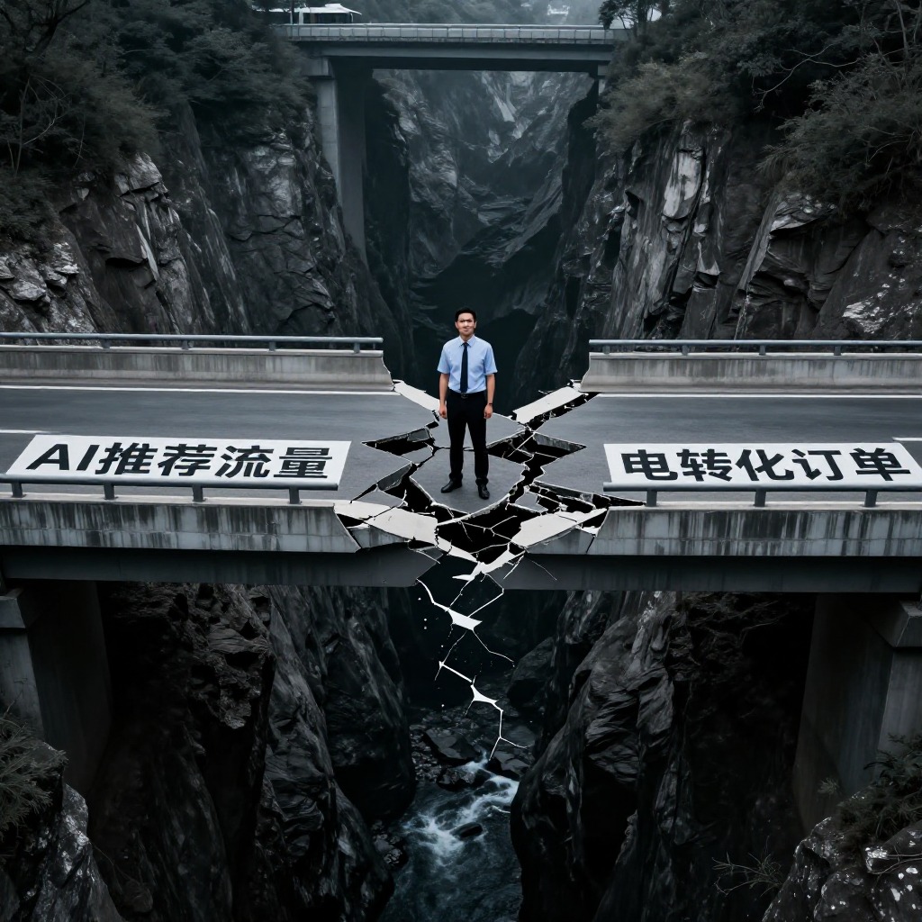 一位客户成功经理站在断裂的立交桥中间，左边桥面标着“AI推荐流量”，右边桥面标着“电商转化订单”，桥下是深不见底的黑暗峡谷，写实摄影风格，冷灰色调，戏剧化光影。