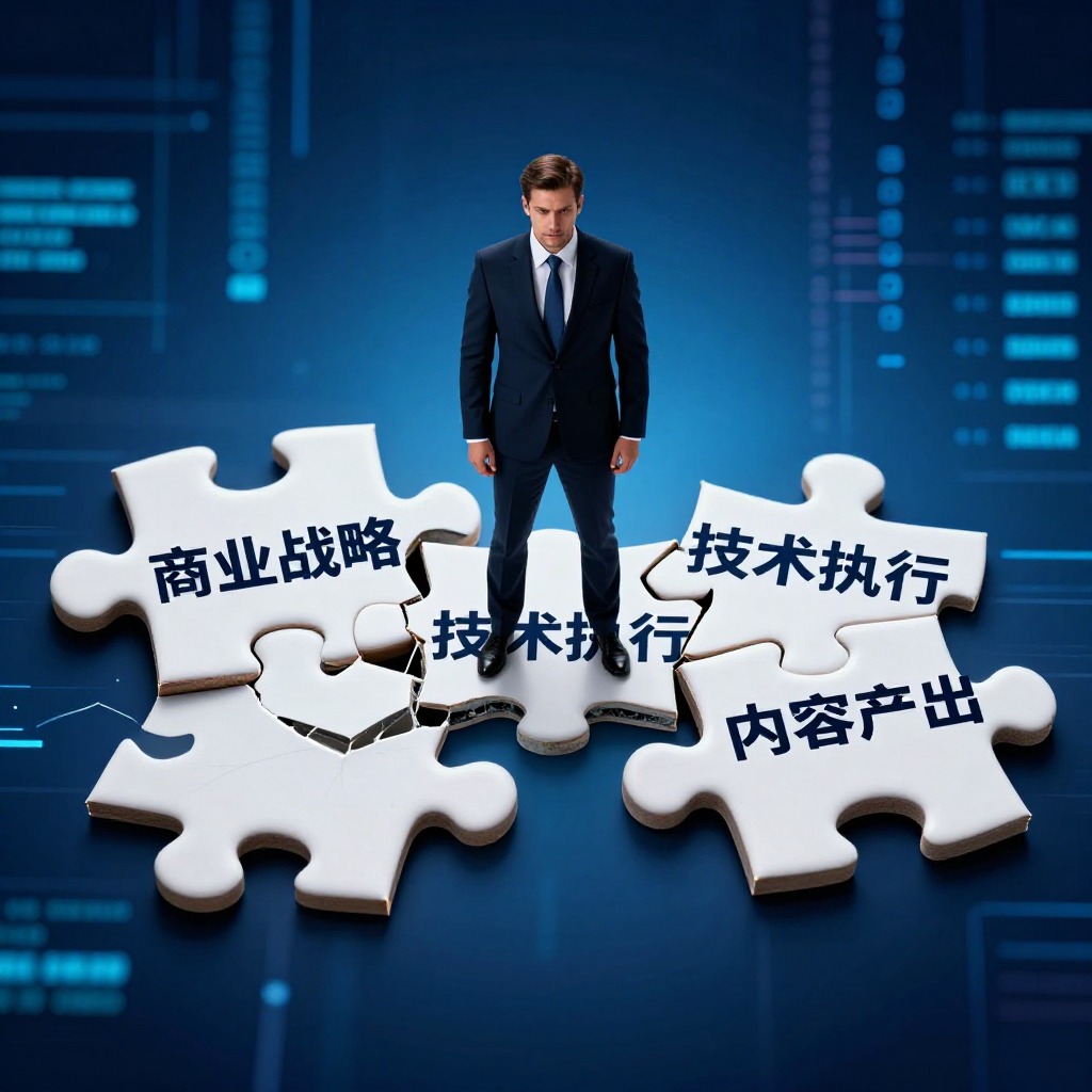 一位西装革履的客户成功经理站在三块碎裂的拼图中间，拼图分别写着“商业战略”、“技术执行”、“内容产出”，背景是充满科技感的AI数据流，写实摄影风格，冷蓝色调。
