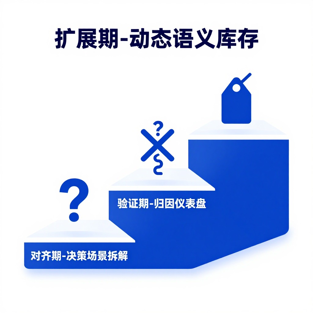 一张分为三层的上升阶梯信息图，底层标“对齐期-决策场景拆解”，中层标“验证期-归因仪表盘”，顶层标“扩展期-动态语义库存”，每层上方有一个被打叉的痛点图标（问号、断裂链条、过时标签），极简企业蓝白配色，扁平化设计。
