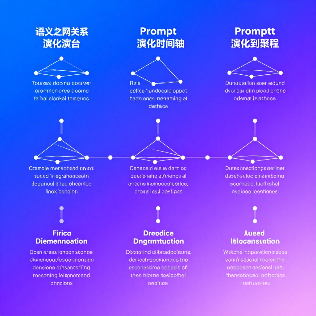 语义网络关系演化时间轴，节点从分散到聚合的动态过程，蓝紫渐变数据可视化风格