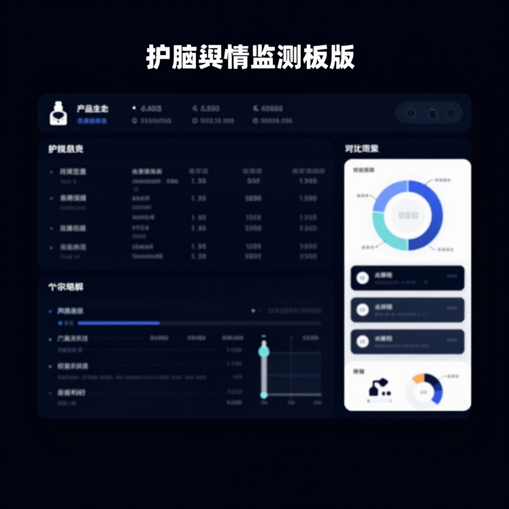 护肤品负面舆情监测仪表盘界面, 多平台数据流可视化, 深色科技风UI设计