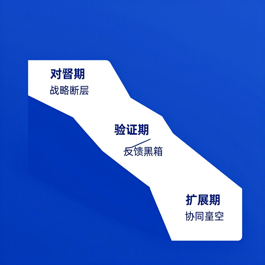 三阶段阶梯模型图，第一阶段标注“对齐期”划掉“战略断层”，第二阶段“验证期”划掉“反馈黑箱”，第三阶段“扩展期”划掉“协同真空”，企业级蓝白配色极简信息图