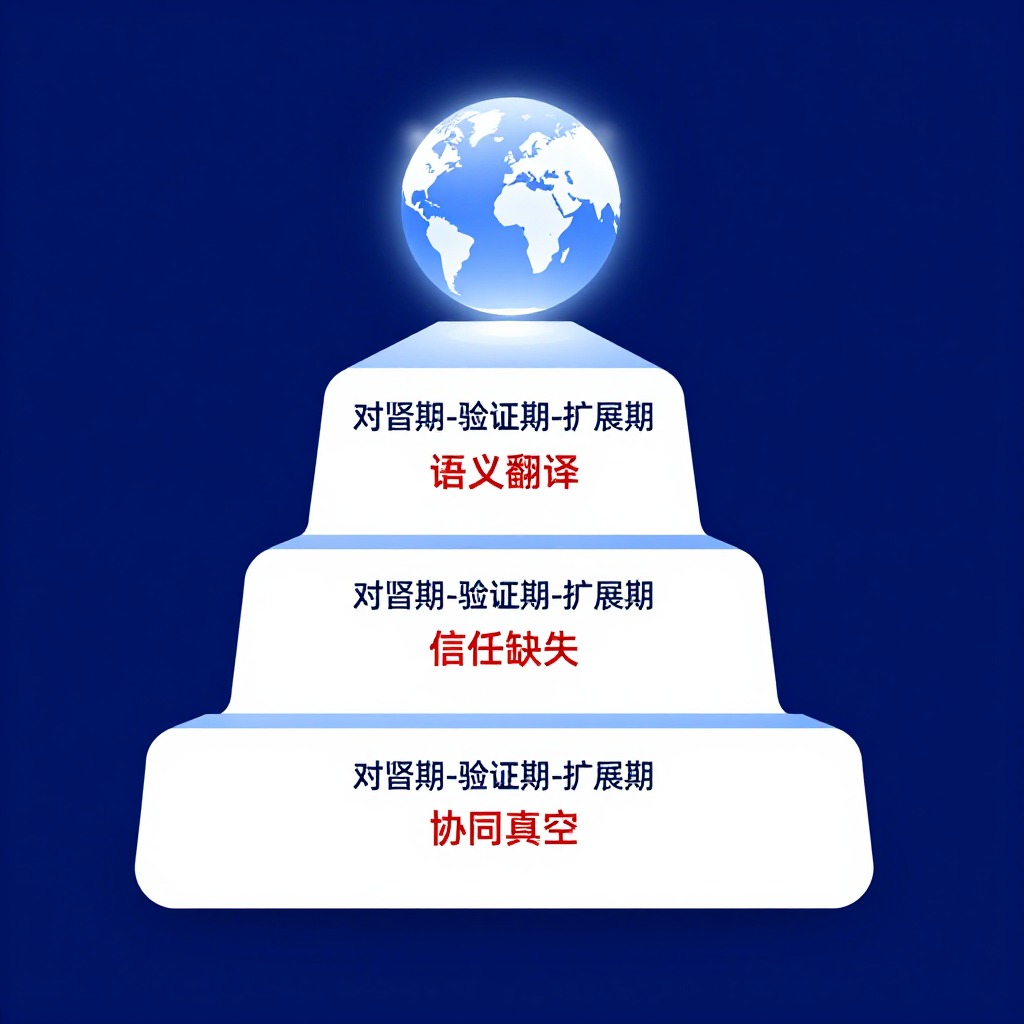 一个三阶段上升阶梯模型，分别标注“对齐期-验证期-扩展期”，每个阶段对应的痛点（语义翻译、信任缺失、协同真空）被红色划掉，阶梯顶部是一个发光的全球地图图标，极简主义信息图，企业级蓝白配色。