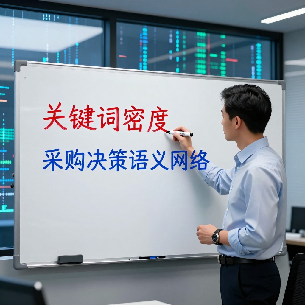 一位客户成功经理站在会议室白板前，用红色马克笔划掉“关键词密度”四个字，旁边用蓝色写下“采购决策语义网络”，窗外是流动的AI数据流，写实摄影风格，冷色调，专业咨询氛围。