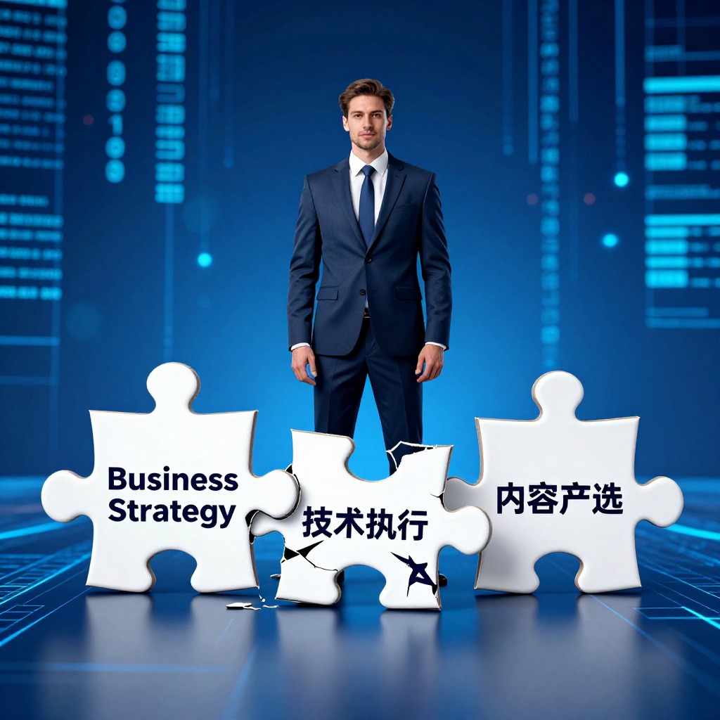 一位西装革履的客户成功经理站在三块碎裂的拼图中间，拼图分别写着“商业战略”、“技术执行”、“内容产出”，背景是充满科技感的AI数据流，写实摄影风格，冷蓝色调。