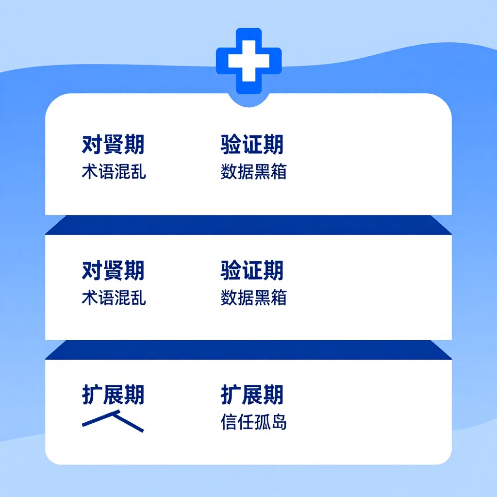 一张清晰的三阶段阶梯图，第一阶段标注“对齐期”下方写着“意图翻译断层已修复”，第二阶段标注“验证期”下方写着“反馈黑箱已照亮”，第三阶段标注“扩展期”下方写着“协同真空已打破”，极简主义信息图风格，企业级蓝白配色。