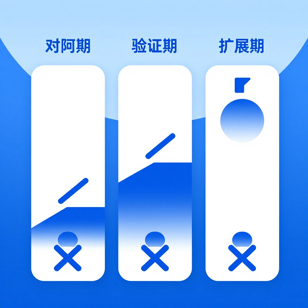 一张清晰的图表展示分为三阶段的上升阶梯模型，分别标注对齐期、验证期、扩展期，每个阶段下方有对应的痛点被划掉，极简主义信息图风格，企业级蓝白配色。